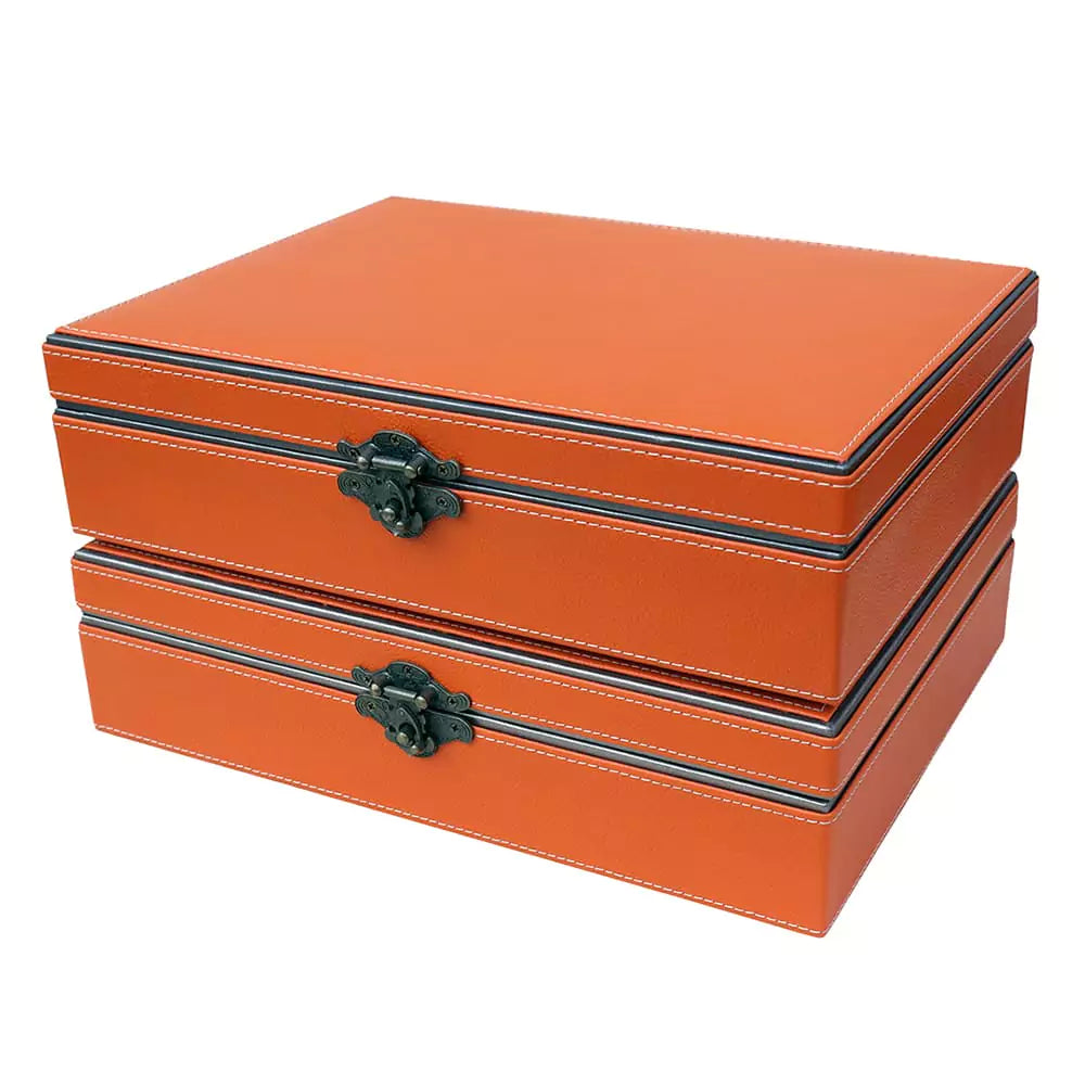 Faux Leather Dual Tone Storage Gift Box With Antique Lock Set of 2