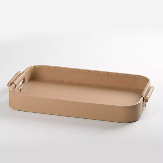 Beige Faux Leather Small Serving Tray With Wooden Handle