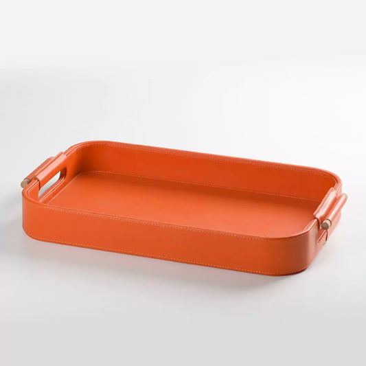 Orange Faux Leather Small Serving Tray With Wooden Handle